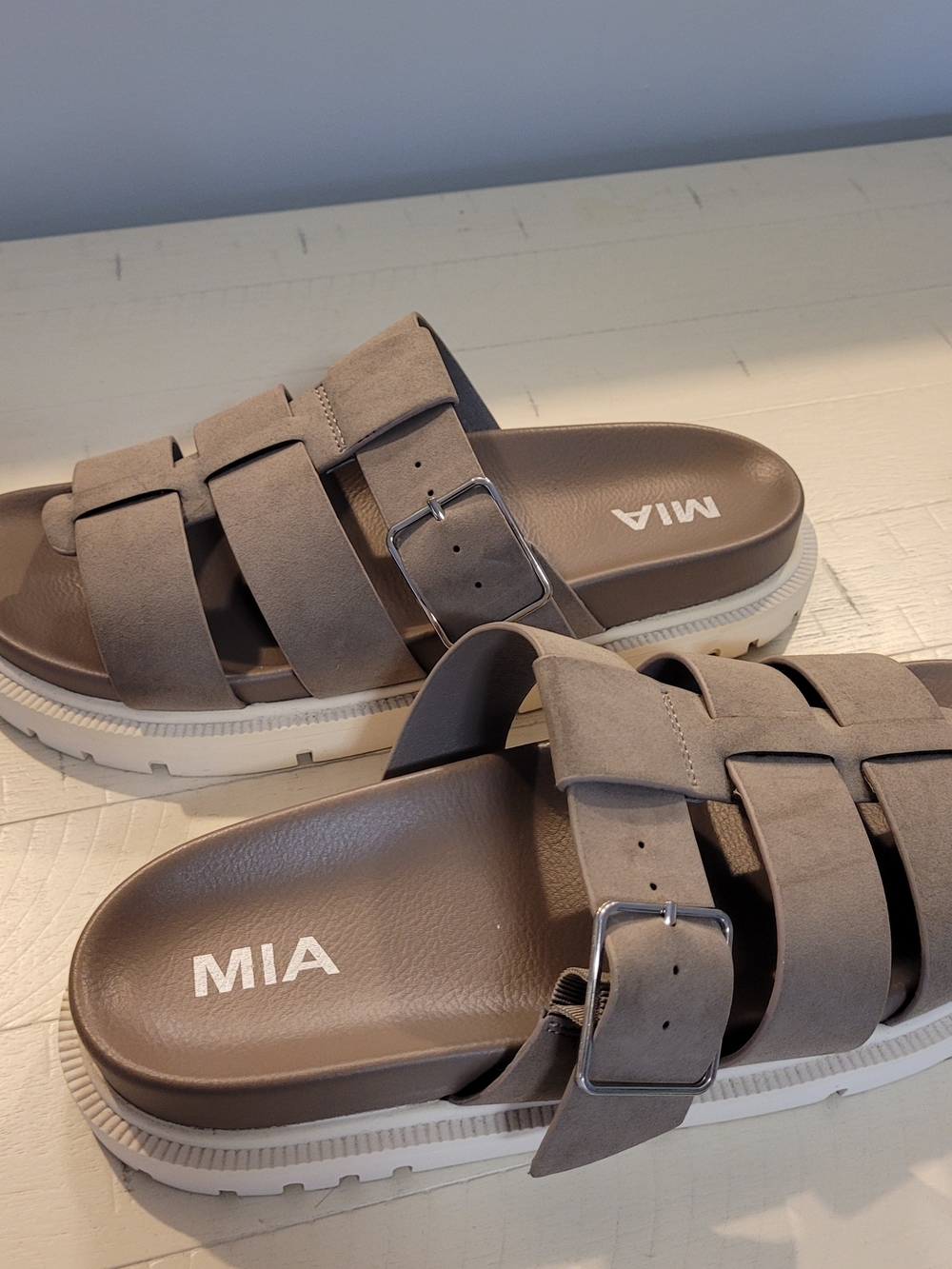 MIA Taupe Triple-Strap Buckle Slide Sandals
